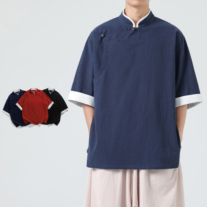 Camicia da uomo in cotone e lino a mezza manica, con colletto e abbottonatura inclinata, modello Buddha Stones Vintage Spring, in tinta unita - image 7