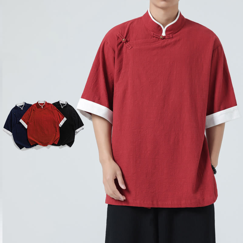 Camicia da uomo in cotone e lino a mezza manica, con colletto e abbottonatura inclinata, modello Buddha Stones Vintage Spring, in tinta unita - Cremisi - US/UK/AU46, EU56 (5XL) - image 24