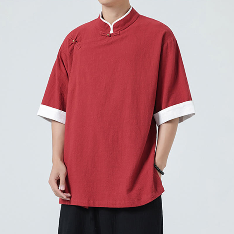 Camicia da uomo in cotone e lino a mezza manica, con colletto e abbottonatura inclinata, modello Buddha Stones Vintage Spring, in tinta unita - image 31