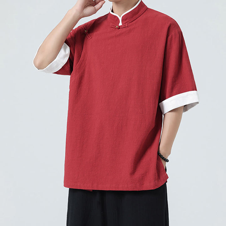 Camicia da uomo in cotone e lino a mezza manica, con colletto e abbottonatura inclinata, modello Buddha Stones Vintage Spring, in tinta unita - image 25