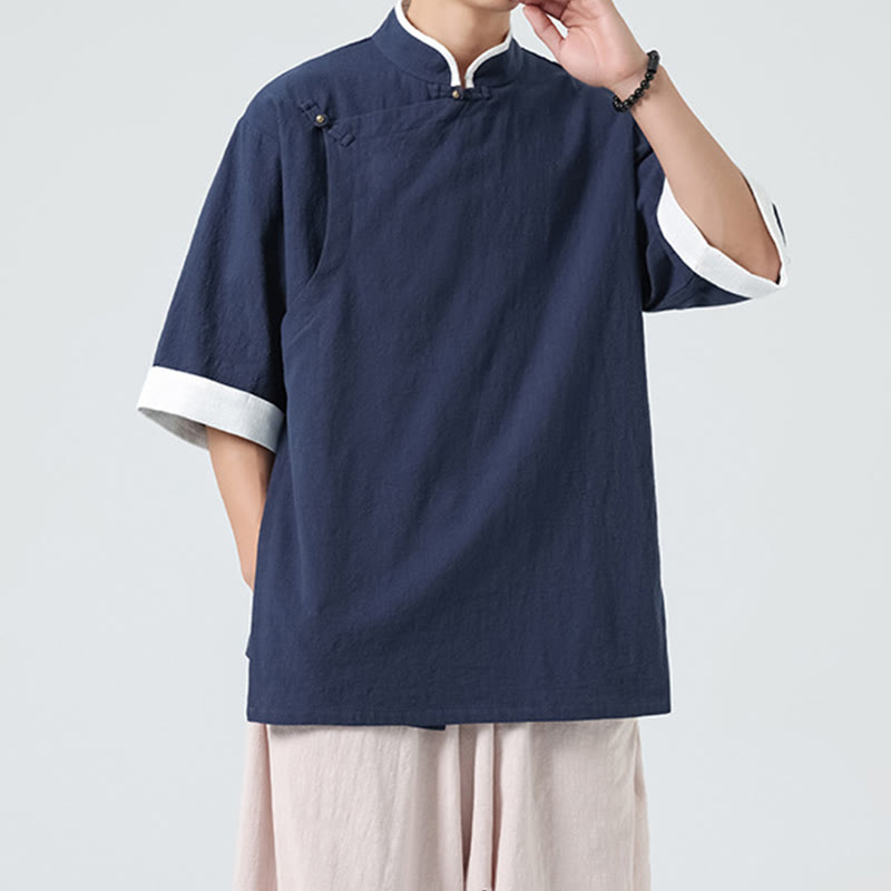 Camicia da uomo in cotone e lino a mezza manica, con colletto e abbottonatura inclinata, modello Buddha Stones Vintage Spring, in tinta unita - image 3