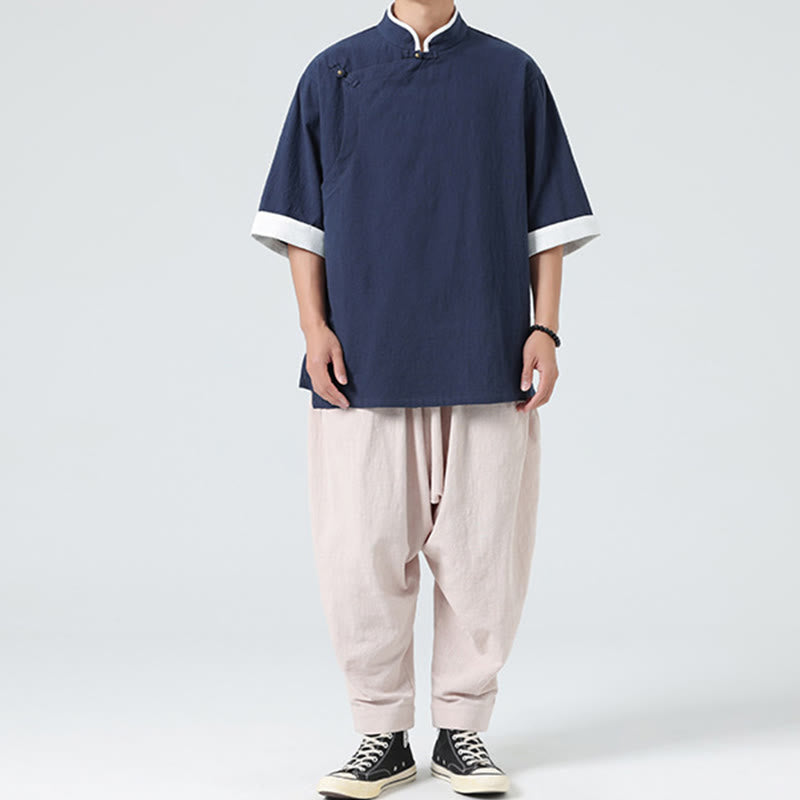 Camicia da uomo in cotone e lino a mezza manica, con colletto e abbottonatura inclinata, modello Buddha Stones Vintage Spring, in tinta unita - image 9