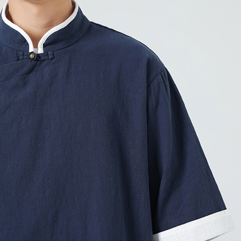 Camicia da uomo in cotone e lino a mezza manica, con colletto e abbottonatura inclinata, modello Buddha Stones Vintage Spring, in tinta unita - image 11