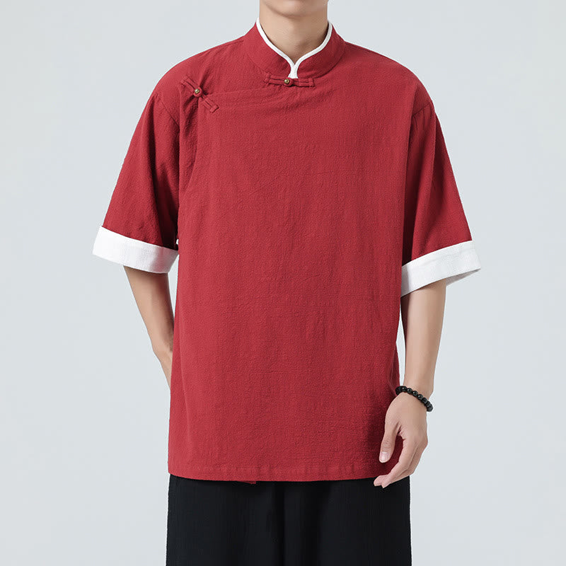 Camicia da uomo in cotone e lino a mezza manica, con colletto e abbottonatura inclinata, modello Buddha Stones Vintage Spring, in tinta unita - image 30