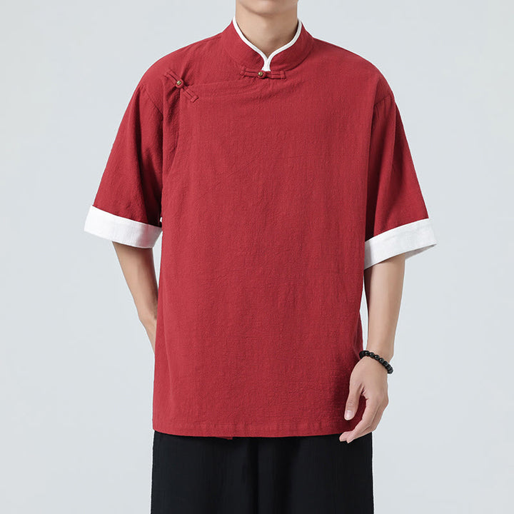 Camicia da uomo in cotone e lino a mezza manica, con colletto e abbottonatura inclinata, modello Buddha Stones Vintage Spring, in tinta unita - image 30