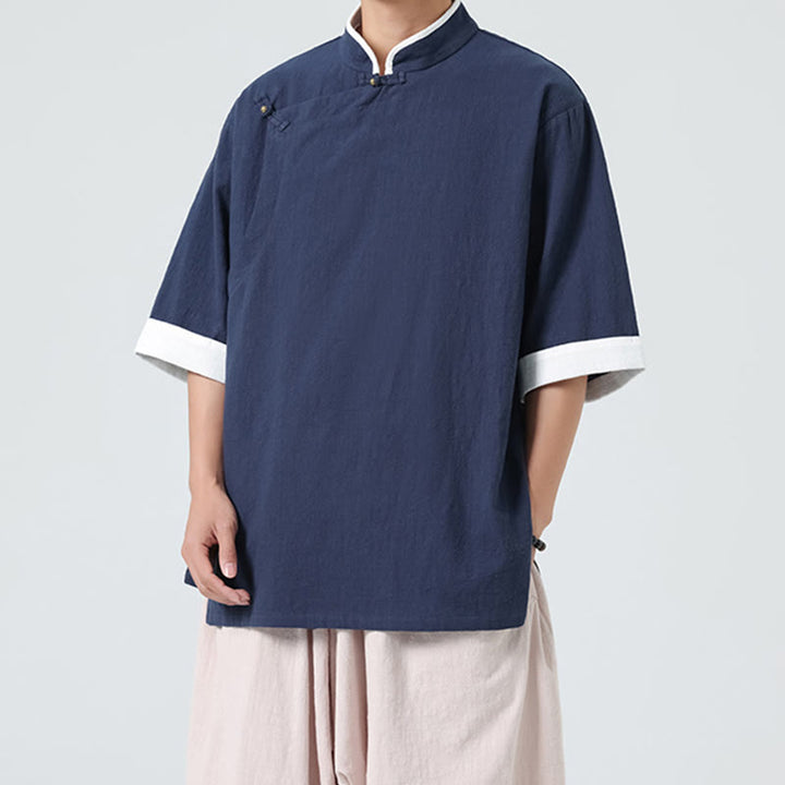 Camicia da uomo in cotone e lino a mezza manica, con colletto e abbottonatura inclinata, modello Buddha Stones Vintage Spring, in tinta unita - image 1