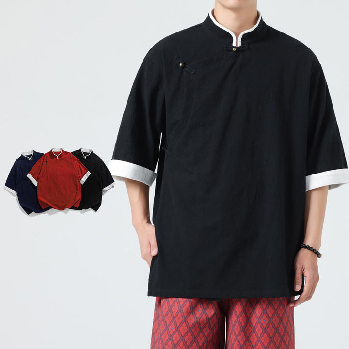 Camicia da uomo in cotone e lino a mezza manica, con colletto e abbottonatura inclinata, modello Buddha Stones Vintage Spring, in tinta unita - Nero - US/UK/AU46, EU56 (5XL) - image 14