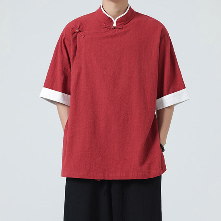 Camicia da uomo in cotone e lino a mezza manica, con colletto e abbottonatura inclinata, modello Buddha Stones Vintage Spring, in tinta unita - image 27