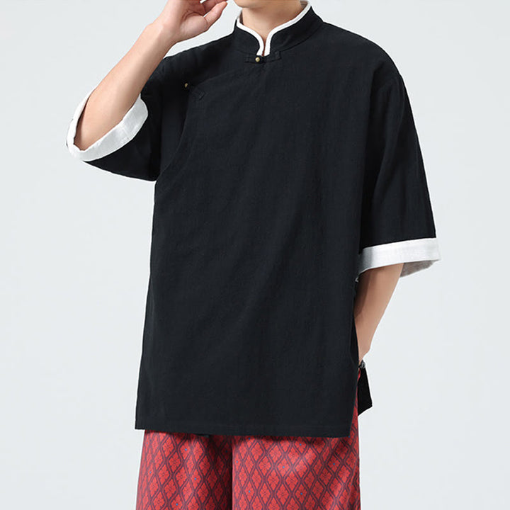 Camicia da uomo in cotone e lino a mezza manica, con colletto e abbottonatura inclinata, modello Buddha Stones Vintage Spring, in tinta unita - image 20