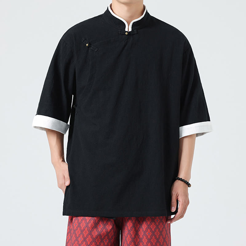 Camicia da uomo in cotone e lino a mezza manica, con colletto e abbottonatura inclinata, modello Buddha Stones Vintage Spring, in tinta unita - image 17