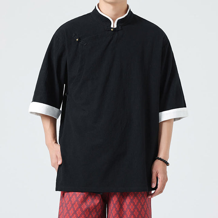 Camicia da uomo in cotone e lino a mezza manica, con colletto e abbottonatura inclinata, modello Buddha Stones Vintage Spring, in tinta unita - image 17