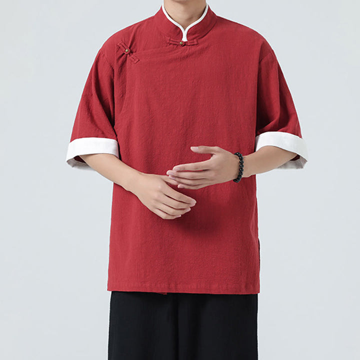 Camicia da uomo in cotone e lino a mezza manica, con colletto e abbottonatura inclinata, modello Buddha Stones Vintage Spring, in tinta unita - image 29