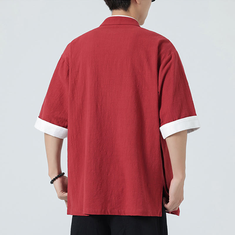 Camicia da uomo in cotone e lino a mezza manica, con colletto e abbottonatura inclinata, modello Buddha Stones Vintage Spring, in tinta unita - image 32