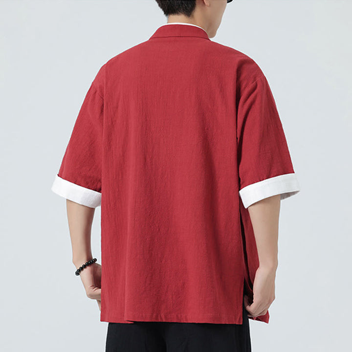 Camicia da uomo in cotone e lino a mezza manica, con colletto e abbottonatura inclinata, modello Buddha Stones Vintage Spring, in tinta unita - image 32