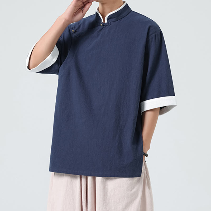 Camicia da uomo in cotone e lino a mezza manica, con colletto e abbottonatura inclinata, modello Buddha Stones Vintage Spring, in tinta unita - image 4