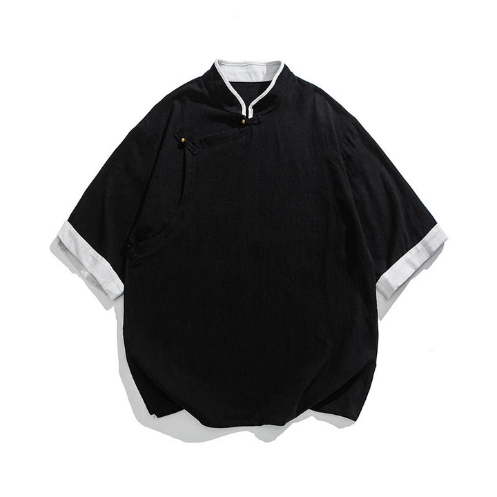 Camicia da uomo in cotone e lino a mezza manica, con colletto e abbottonatura inclinata, modello Buddha Stones Vintage Spring, in tinta unita - image 23