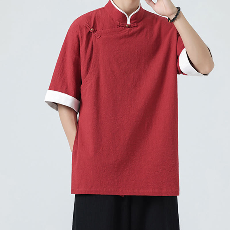 Camicia da uomo in cotone e lino a mezza manica, con colletto e abbottonatura inclinata, modello Buddha Stones Vintage Spring, in tinta unita - image 26