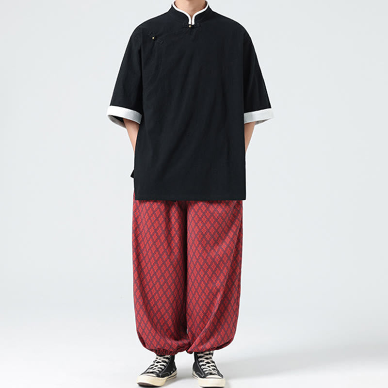 Camicia da uomo in cotone e lino a mezza manica, con colletto e abbottonatura inclinata, modello Buddha Stones Vintage Spring, in tinta unita - image 22