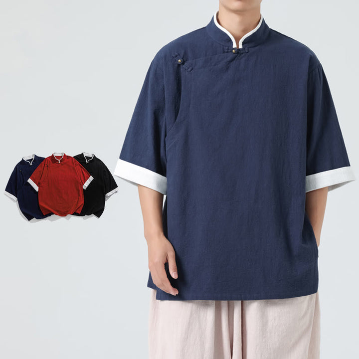 Camicia da uomo in cotone e lino a mezza manica, con colletto e abbottonatura inclinata, modello Buddha Stones Vintage Spring, in tinta unita - image 8