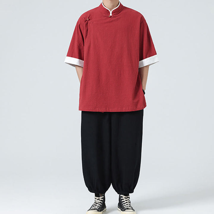 Camicia da uomo in cotone e lino a mezza manica, con colletto e abbottonatura inclinata, modello Buddha Stones Vintage Spring, in tinta unita - image 33