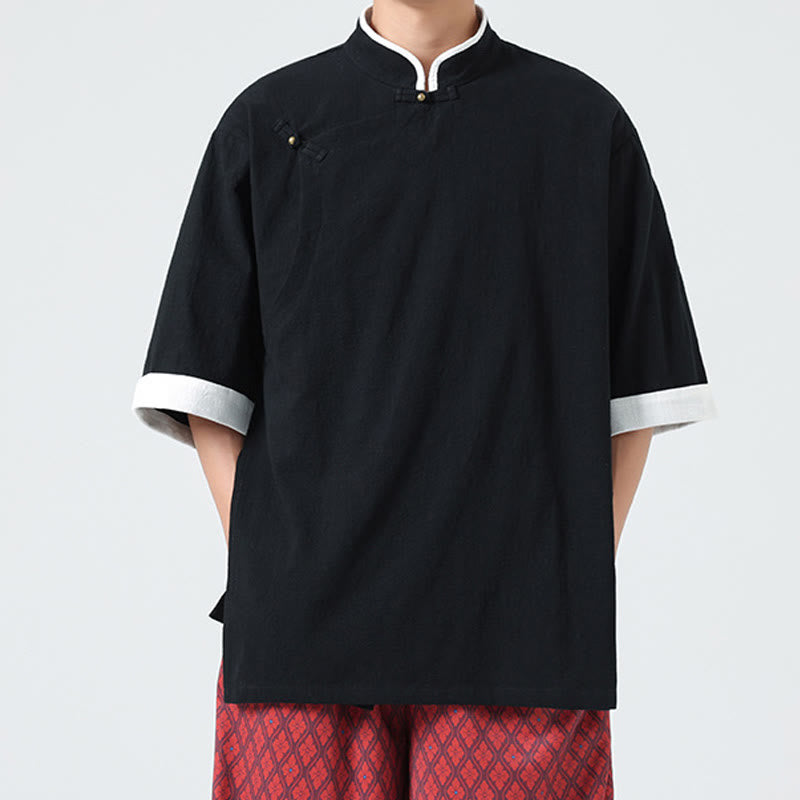 Camicia da uomo in cotone e lino a mezza manica, con colletto e abbottonatura inclinata, modello Buddha Stones Vintage Spring, in tinta unita - image 16