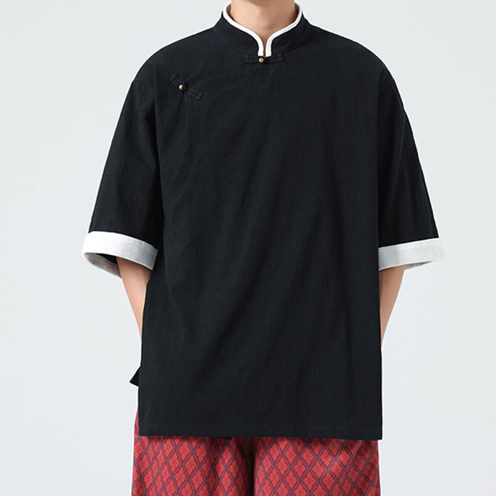 Camicia da uomo in cotone e lino a mezza manica, con colletto e abbottonatura inclinata, modello Buddha Stones Vintage Spring, in tinta unita - image 16