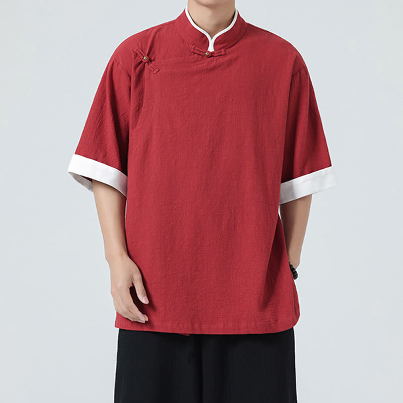 Camicia da uomo in cotone e lino a mezza manica, con colletto e abbottonatura inclinata, modello Buddha Stones Vintage Spring, in tinta unita - image 28