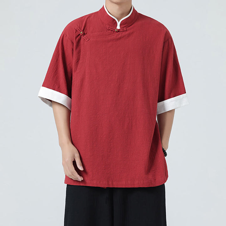 Camicia da uomo in cotone e lino a mezza manica, con colletto e abbottonatura inclinata, modello Buddha Stones Vintage Spring, in tinta unita - image 28