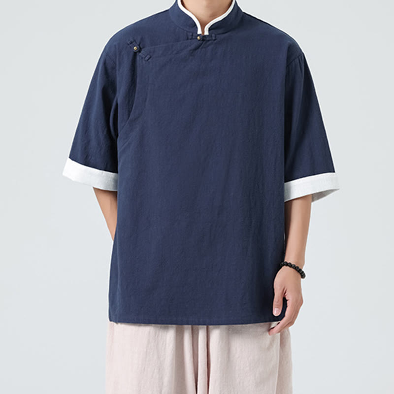 Camicia da uomo in cotone e lino a mezza manica, con colletto e abbottonatura inclinata, modello Buddha Stones Vintage Spring, in tinta unita - image 2