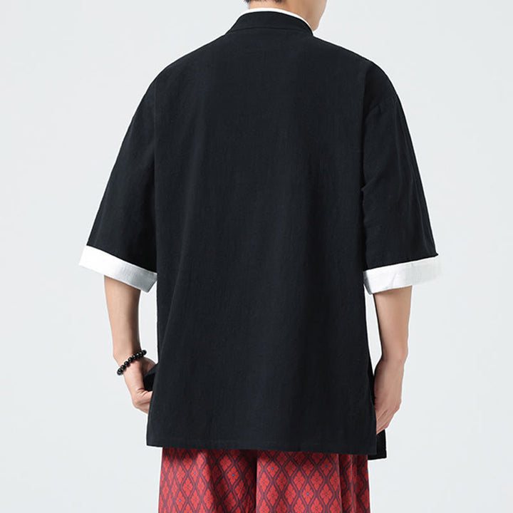 Camicia da uomo in cotone e lino a mezza manica, con colletto e abbottonatura inclinata, modello Buddha Stones Vintage Spring, in tinta unita - image 19