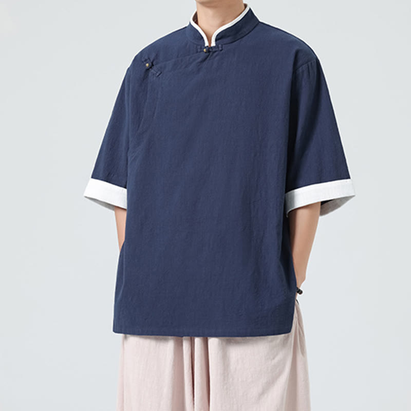 Camicia da uomo in cotone e lino a mezza manica, con colletto e abbottonatura inclinata, modello Buddha Stones Vintage Spring, in tinta unita - Blu notte - US/UK/AU46, EU56 (5XL) - image 0