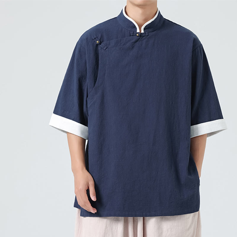 Camicia da uomo in cotone e lino a mezza manica, con colletto e abbottonatura inclinata, modello Buddha Stones Vintage Spring, in tinta unita - image 6