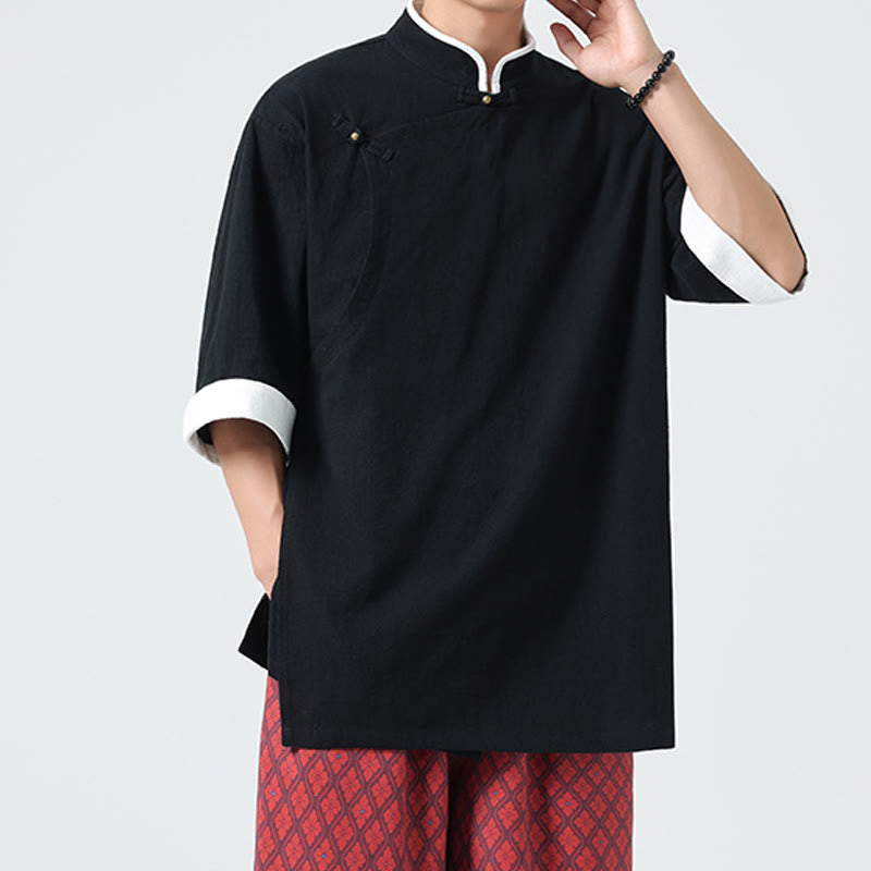 Camicia da uomo in cotone e lino a mezza manica, con colletto e abbottonatura inclinata, modello Buddha Stones Vintage Spring, in tinta unita - image 21