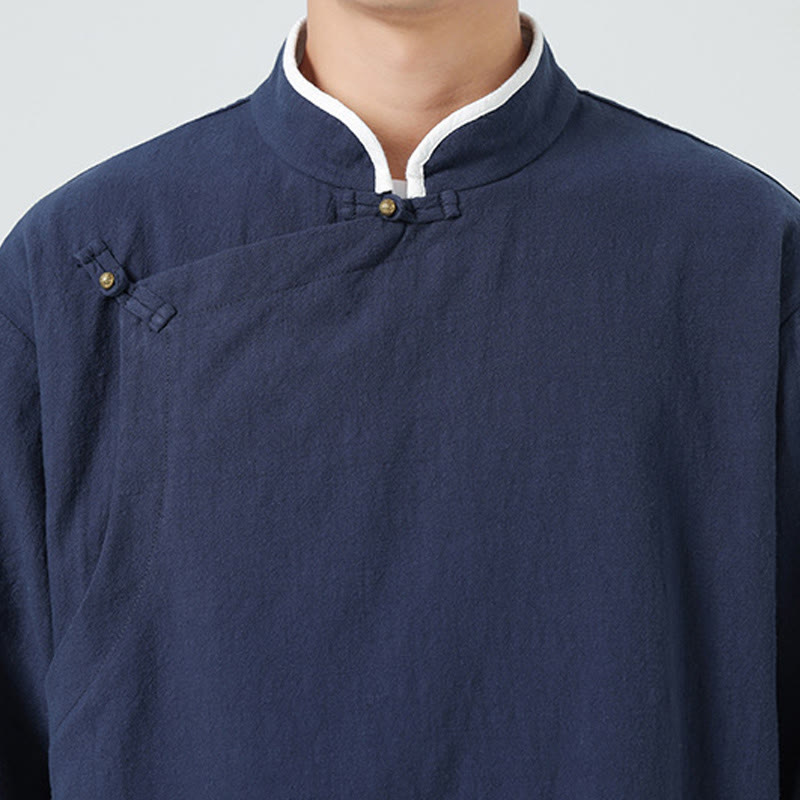 Camicia da uomo in cotone e lino a mezza manica, con colletto e abbottonatura inclinata, modello Buddha Stones Vintage Spring, in tinta unita - image 10