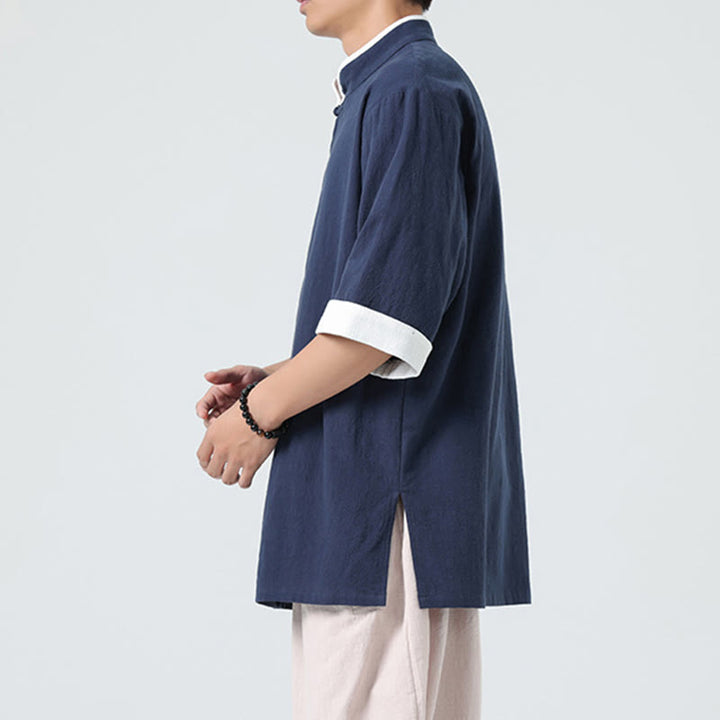 Camicia da uomo in cotone e lino a mezza manica, con colletto e abbottonatura inclinata, modello Buddha Stones Vintage Spring, in tinta unita - image 5