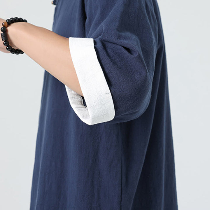 Camicia da uomo in cotone e lino a mezza manica, con colletto e abbottonatura inclinata, modello Buddha Stones Vintage Spring, in tinta unita - image 12