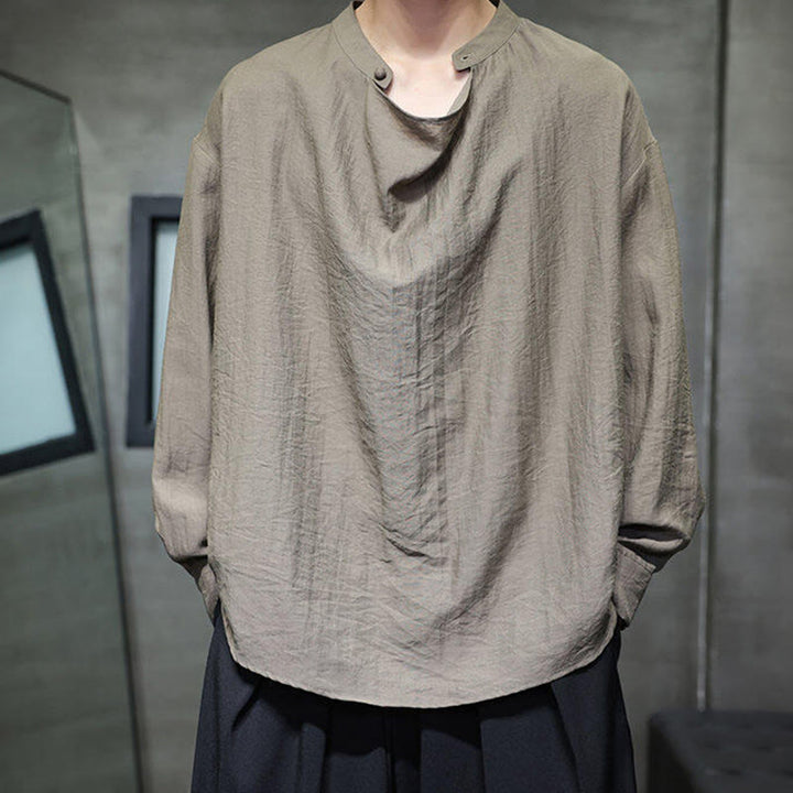 Camicia da uomo in lino a maniche lunghe con colletto rialzato e plissettato, tinta unita, modello Buddha Stones - Cachi scuro - US/UK/AU46, EU56 (5XL) - image 0