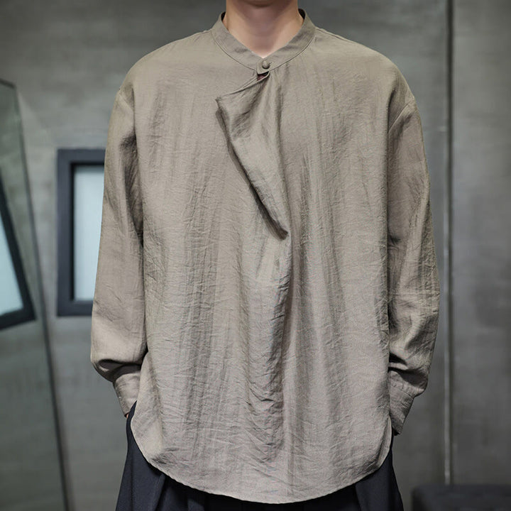 Camicia da uomo in lino a maniche lunghe con colletto rialzato e plissettato, tinta unita, modello Buddha Stones - image 3