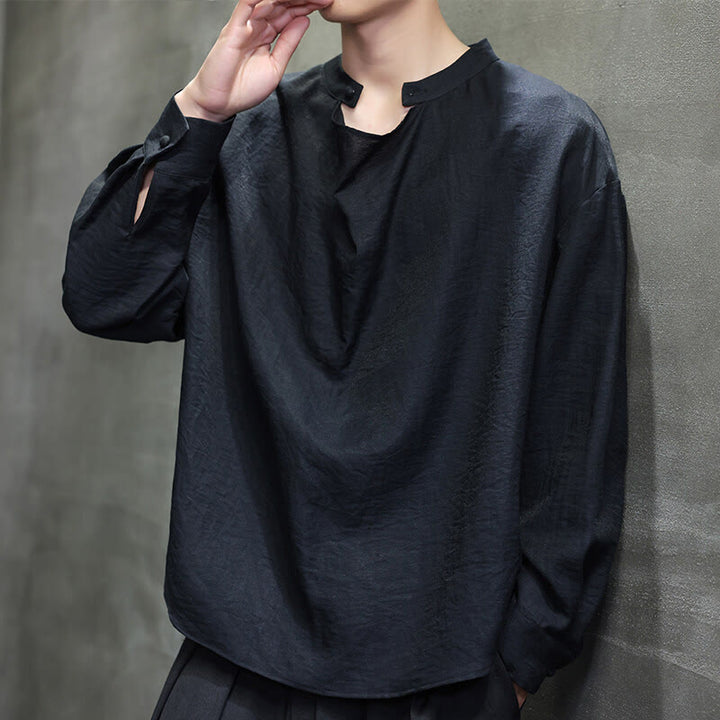 Camicia da uomo in lino a maniche lunghe con colletto rialzato e plissettato, tinta unita, modello Buddha Stones - image 9