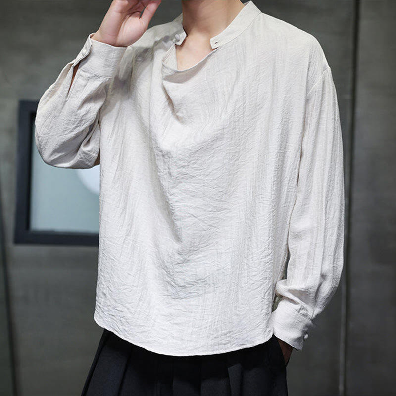 Camicia da uomo in lino a maniche lunghe con colletto rialzato e plissettato, tinta unita, modello Buddha Stones - image 20