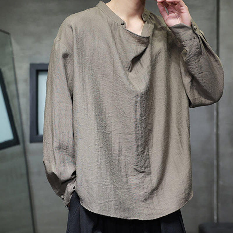 Camicia da uomo in lino a maniche lunghe con colletto rialzato e plissettato, tinta unita, modello Buddha Stones - image 1