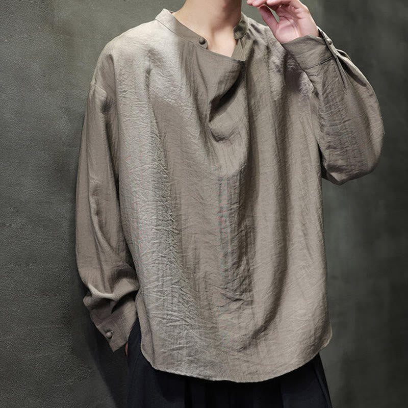 Camicia da uomo in lino a maniche lunghe con colletto rialzato e plissettato, tinta unita, modello Buddha Stones - image 6