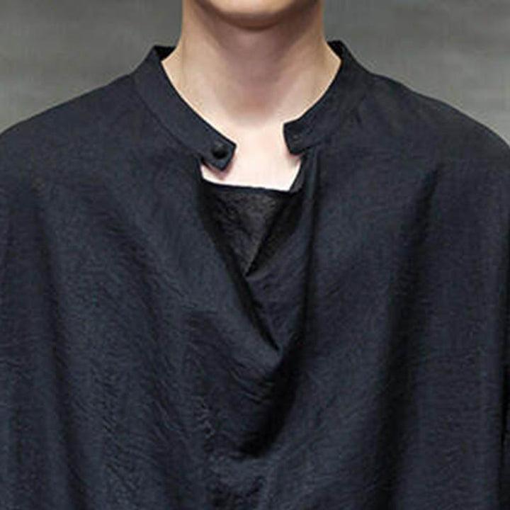 Camicia da uomo in lino a maniche lunghe con colletto rialzato e plissettato, tinta unita, modello Buddha Stones - image 14