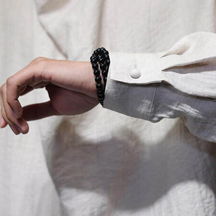 Camicia da uomo in lino a maniche lunghe con colletto rialzato e plissettato, tinta unita, modello Buddha Stones - image 24