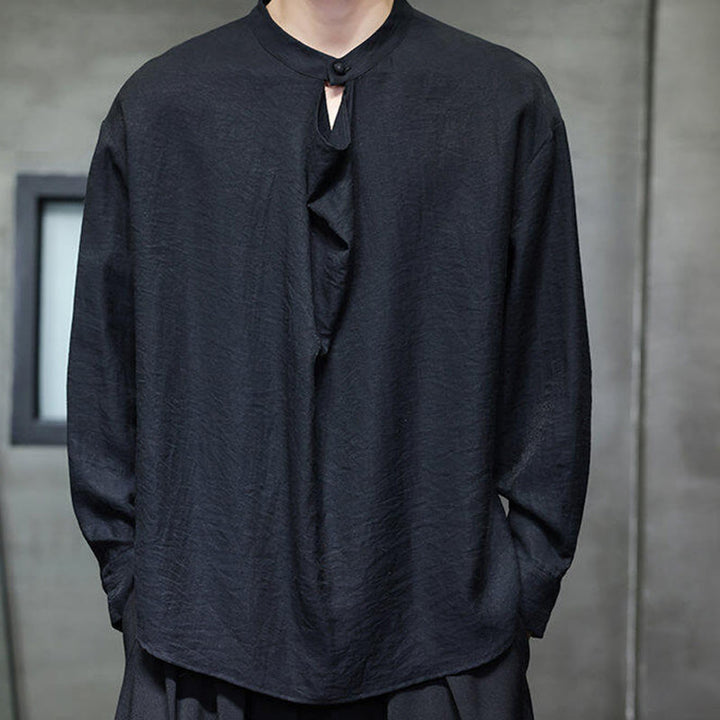 Camicia da uomo in lino a maniche lunghe con colletto rialzato e plissettato, tinta unita, modello Buddha Stones - image 11