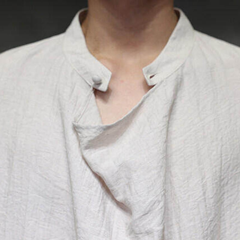 Camicia da uomo in lino a maniche lunghe con colletto rialzato e plissettato, tinta unita, modello Buddha Stones - image 23