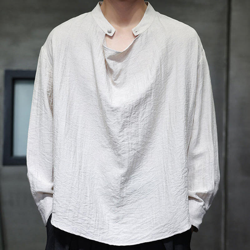 Camicia da uomo in lino a maniche lunghe con colletto rialzato e plissettato, tinta unita, modello Buddha Stones - image 21