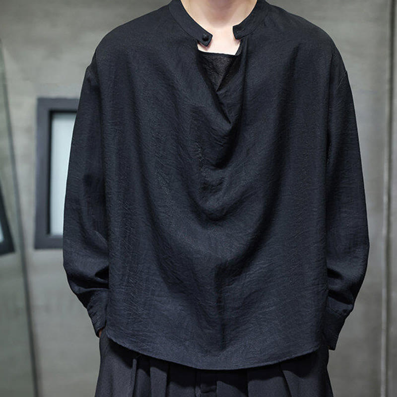 Camicia da uomo in lino a maniche lunghe con colletto rialzato e plissettato, tinta unita, modello Buddha Stones - image 10