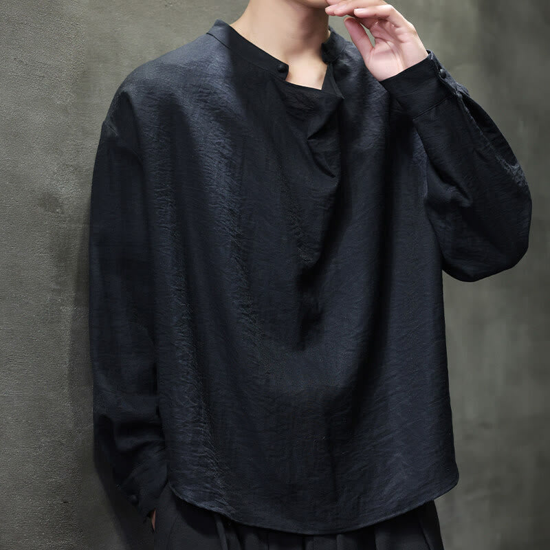 Camicia da uomo in lino a maniche lunghe con colletto rialzato e plissettato, tinta unita, modello Buddha Stones - image 13