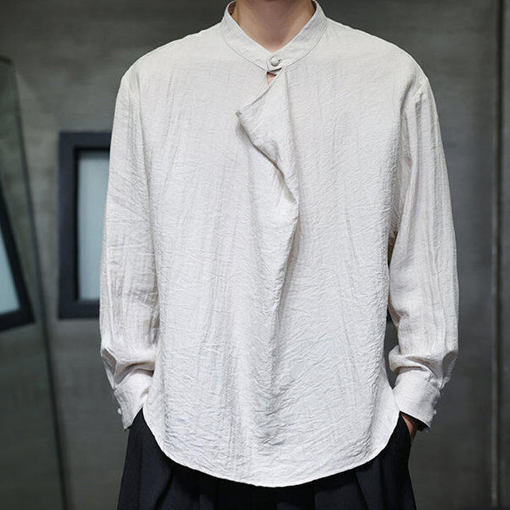 Camicia da uomo in lino a maniche lunghe con colletto rialzato e plissettato, tinta unita, modello Buddha Stones - image 19